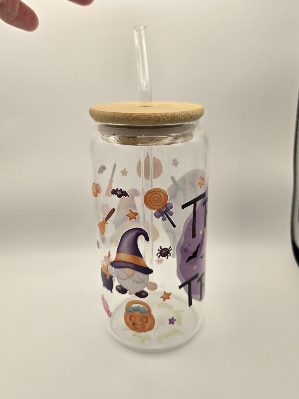 Glass Halloween Drink Jar with Bamboo Lid - Purple Trick or Treat Design - Picture 3 of 4